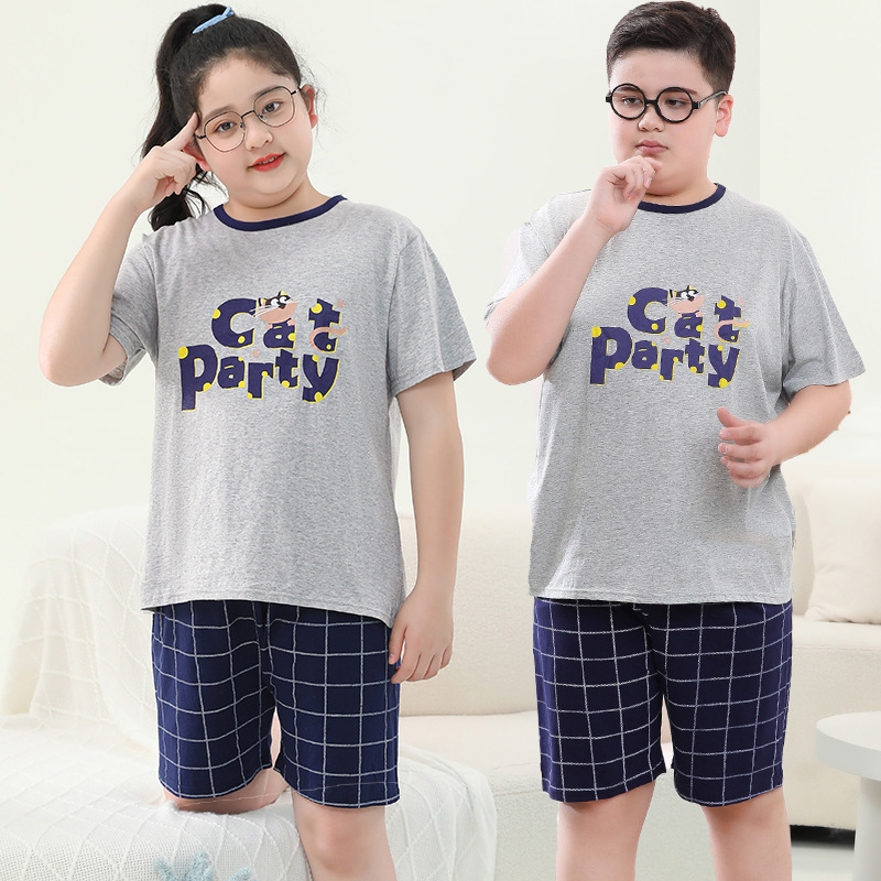 太った子供服の男の子の大きいサイズの夏服の薄いタイプのエアコンの服は肥えて家の服の青少年のパジャマの2セットのファッションを増加します。|undefined
