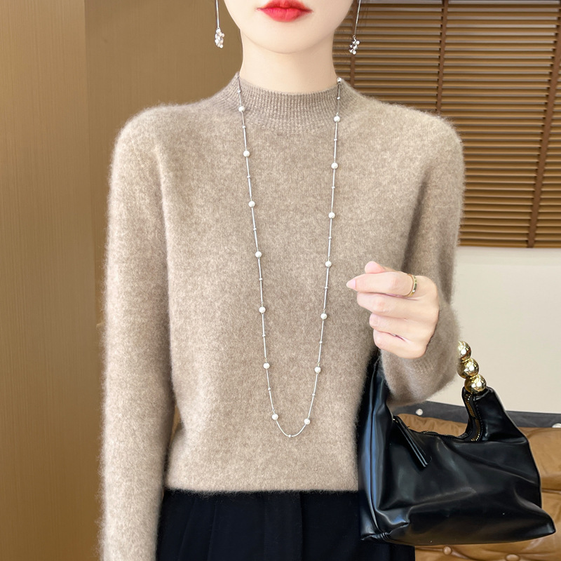 High-Quality Pure Wool Ribbed Half-High Collar Sweater for Women, Fluffy, Warm, Breathable, Base Layer, Loose Solid Color Sweater, Trendy