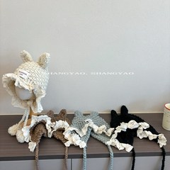宝宝秋冬帽子儿童可爱蕾丝小公主耳朵针织毛线帽女童护耳帽保暖帽
