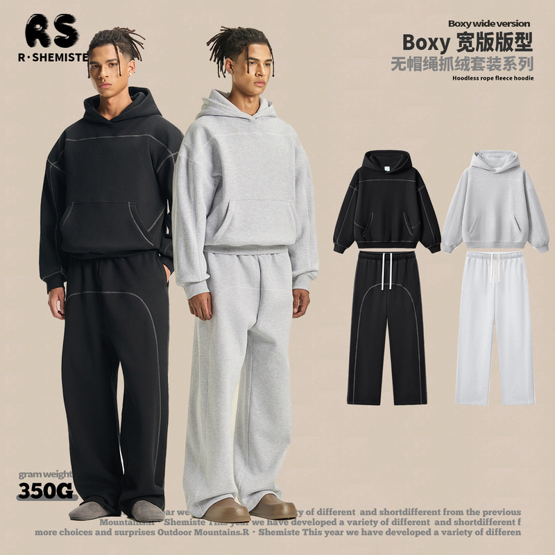 Rs Men's Clothing | Cross-Border 350g Hasselblad Line Boxy Hoodie Sweatshirt Sweatpants Suit American Hip-Hop Fleece Suit