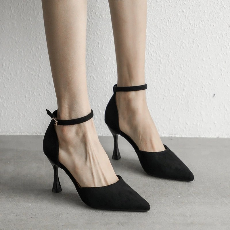 Женские туфли на высоком каблуке для французских девушек, новинка 202, универсальные летние туфли в ароматном стиле с пряжкой в одно слово, черные профессиональные туфли на среднем каблуке