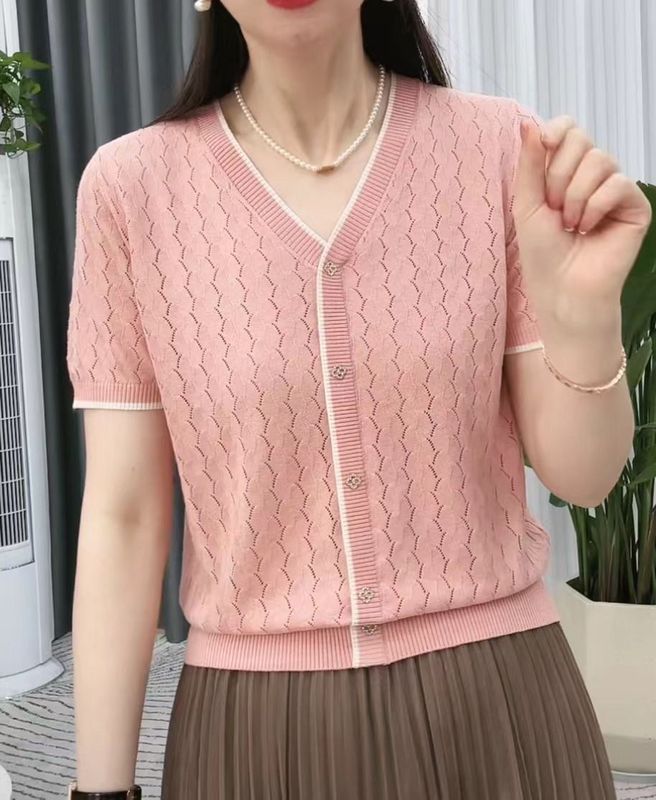 サマーカウンター半袖本物の新しい2025ニットセーターファッショナブルなルーズTシャツ薄手のトップオフホワイト|undefined
