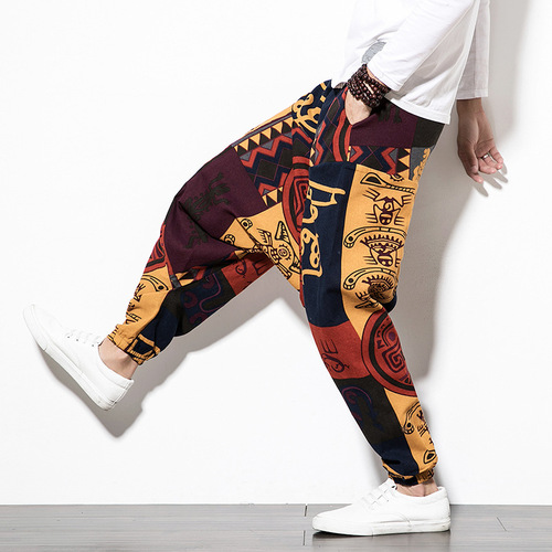  Spring Chinese Style New Men's Cotton Linen Harem Lantern Casual Pants Men Printed Hip-Hop Pants P30
