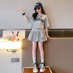 Girls' skirt suit 2023 new summer style medium and large children's fashionable letter lapel Polo shirt tutu skirt two-piece set