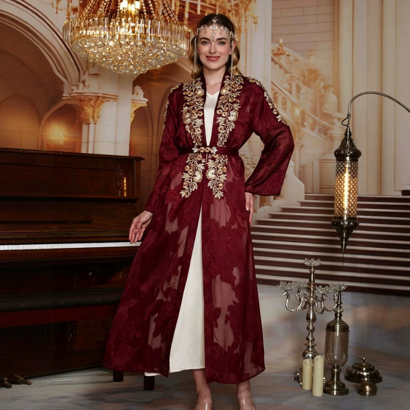 Light Luxury Gold Thread Embroidered Cardigan Robe, Burgundy Loose-Fitting Slimming Two-Piece Set, Spring and Autumn Dress Light Luxury Gold Thread Embroidered Cardigan Robe, Burgundy Loose-Fitting Slimming Two-Piece Set, Spring and Autumn Dress