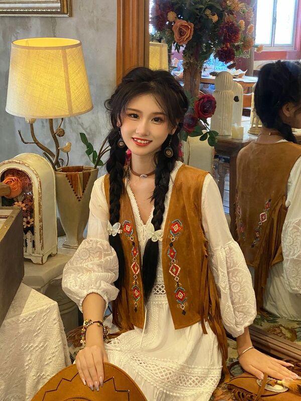 Bohemian Retro Tassel Embroidered Vest for Travel and Vacation Wear Short Vest Top for Women
