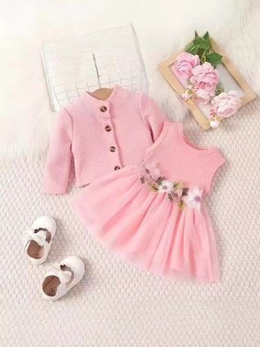 INS Baby Girl Waist Flower Design Splicing Net Fabric Dress Coat with Flower Embroidery