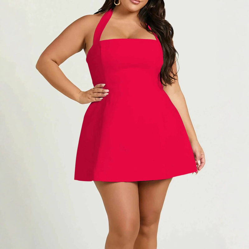 European and American Cross-Border Women's Clothing, High-End and Sexy Halter Neck Dress, Backless, Waist-Cinching, Elegant A-Line Flared Short Skirt