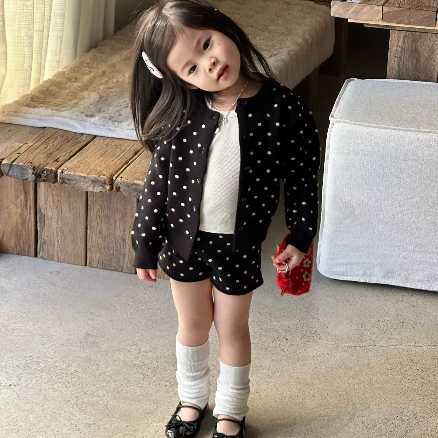 2026春季新款童装 韩版童装 女童波点毛衣开衫+短裤 时尚针织套装