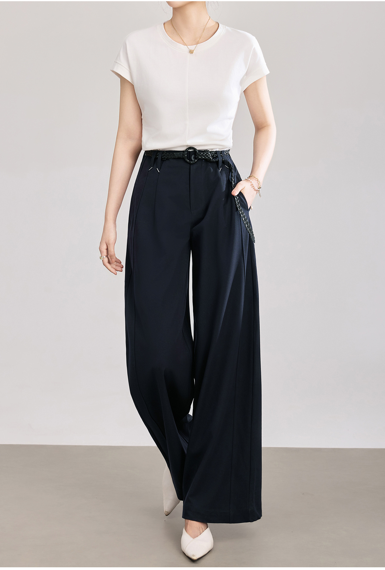 Quần culottes nữ ống rộng dáng suông chất len pha tơ nhân tạo cao cấp — Xanh lông mòng đen chi tiết 2