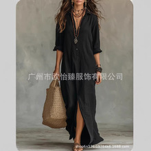 欧美独立站亚马逊速卖通2026春夏季新款前扣波西米亚衬衫及地长裙