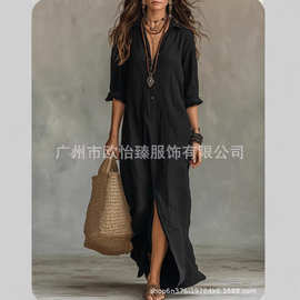 欧美独立站亚马逊速卖通2026春夏季新款前扣波西米亚衬衫及地长裙