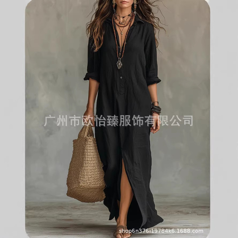European and American Independent Websites Amazon Aliexpress 2026 Spring and Summer New Front-Button Bohemian Shirt and Floor-Length Skirt European and American Independent Websites Amazon Aliexpress 2026 Spring and Summer New Front-Button Bohemian Shirt and Floor-Length Skirt