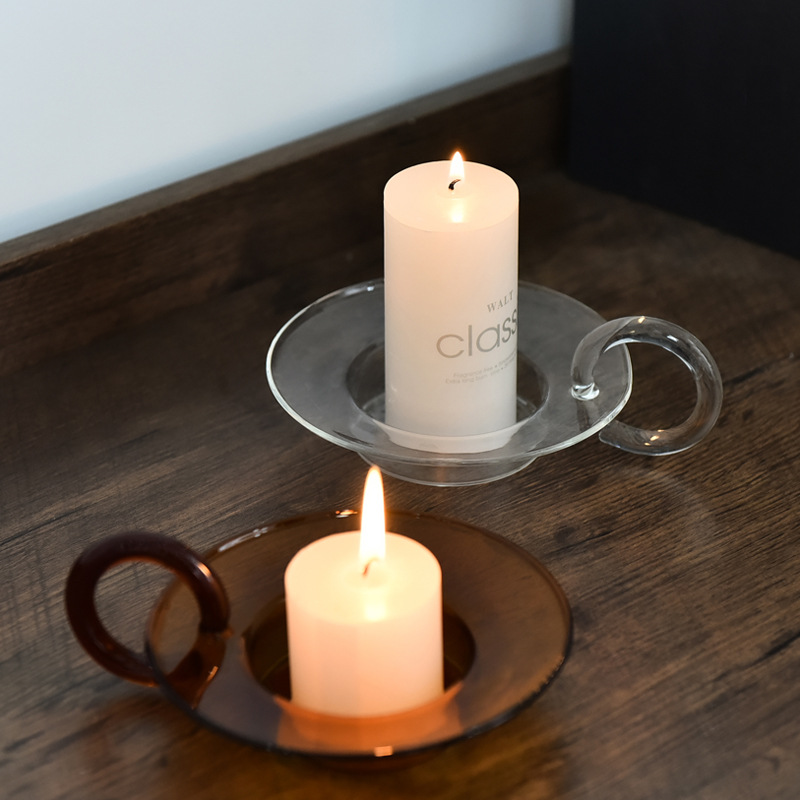 Candelabro redondo de vidrio de color de estilo europeo con mango retro transparente titular de la vela de vidrio del hogar decoración de estilo chino