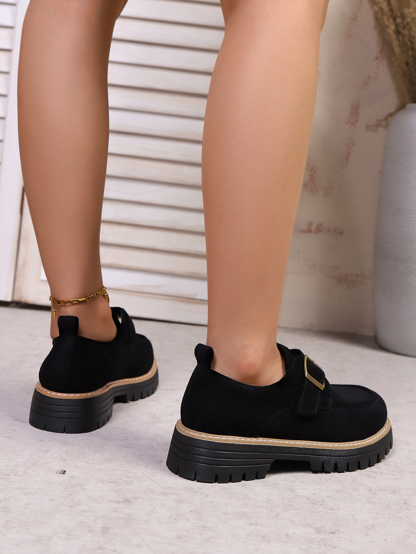 Damen Loafer Mit Blockabsatz Und Schnalle Im Britischen Stil_voghion.com