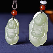 新疆和田玉青玉笑佛挂件天然油青玉器吊坠雕刻佛公保真玉项链