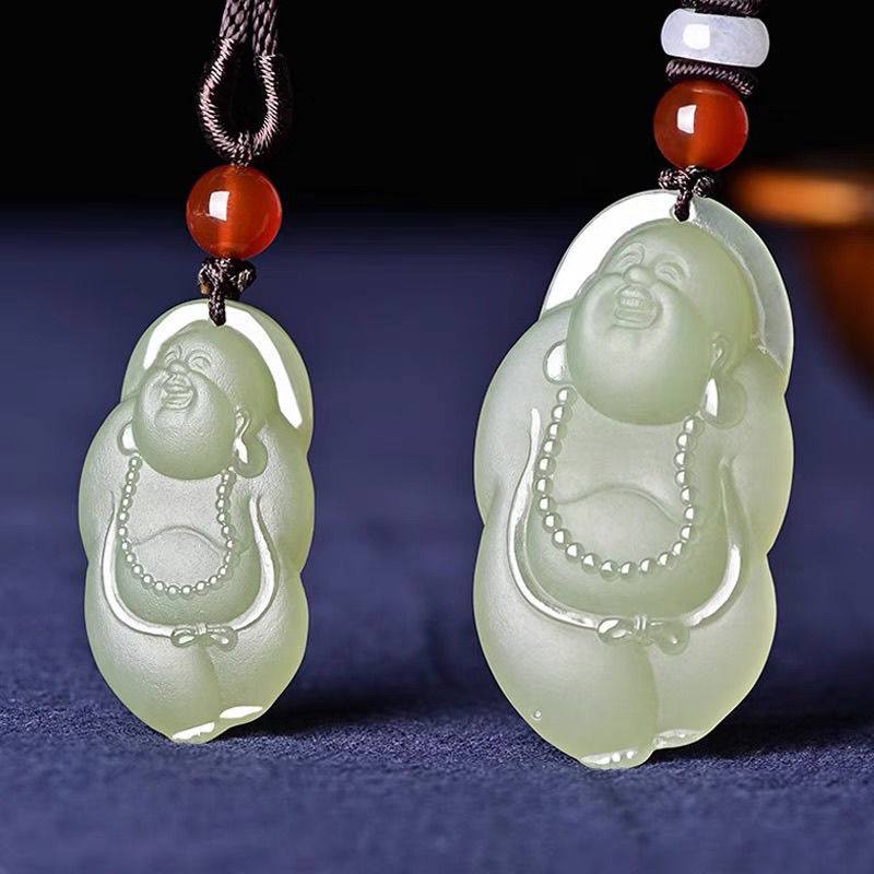 新疆和田玉青玉笑佛挂件天然油青玉器吊坠雕刻佛公保真玉项链