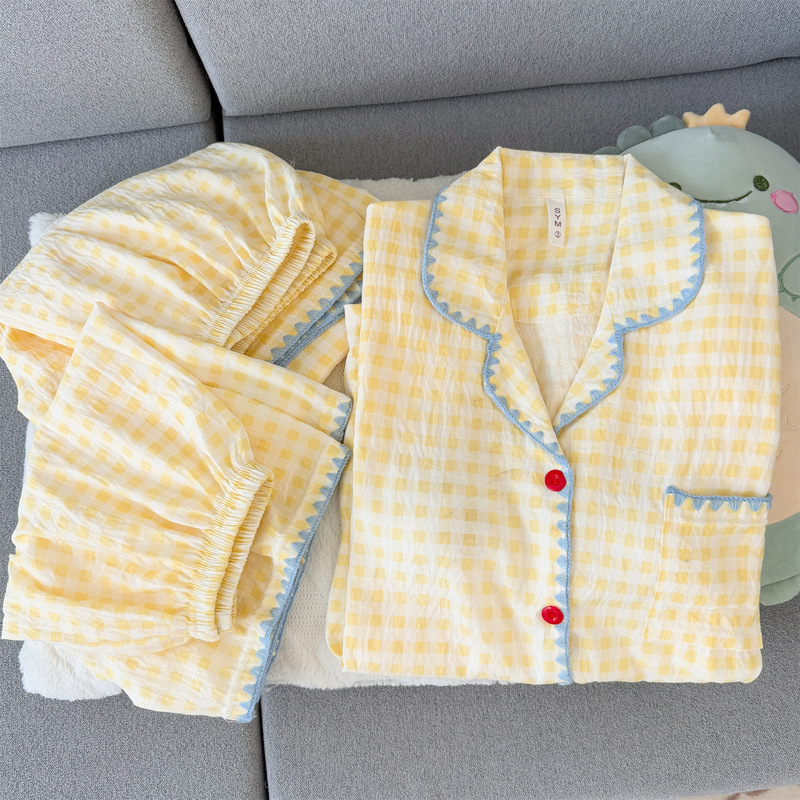 High-End Yellow Plaid Large-Size Short-Sleeved Pajamas for Women, Spring and Summer Style, Loose and Casual, Can Be Worn Outside, Three-Piece Home Wear Set High-End Yellow Plaid Large-Size Short-Sleeved Pajamas for Women, Spring and Summer Style, Loose and Casual, Can Be Worn Outside, Three-Piece Home Wear Set