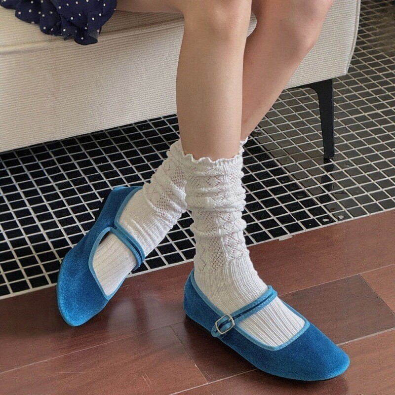 miu米色堆堆袜子女春秋纯棉芭蕾风白色木耳边小腿袜配勃肯鞋中筒|undefined