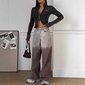 速卖通新款美式渐变复古牛仔裤宽松直筒阔腿显瘦垂坠感高腰女长裤