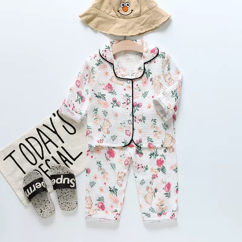 儿童中小童长袖棉纱睡衣加工定做定制