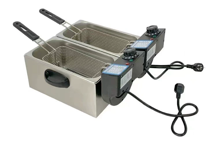 Производители источника используют 4 + 4 литровую двухцилиндровую электрическую фритюрницу, электрическую жарку на пару, хлебный горшок, оборудование для закусок, оптовая продажа, может сделать 110 В