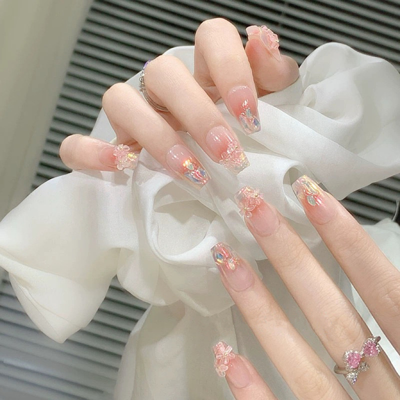 Fake Nails [Oil Painting Hibiscus] Medium t Manicure Removable Finished Nail Pieces Wearable Nails Wholesale French Style