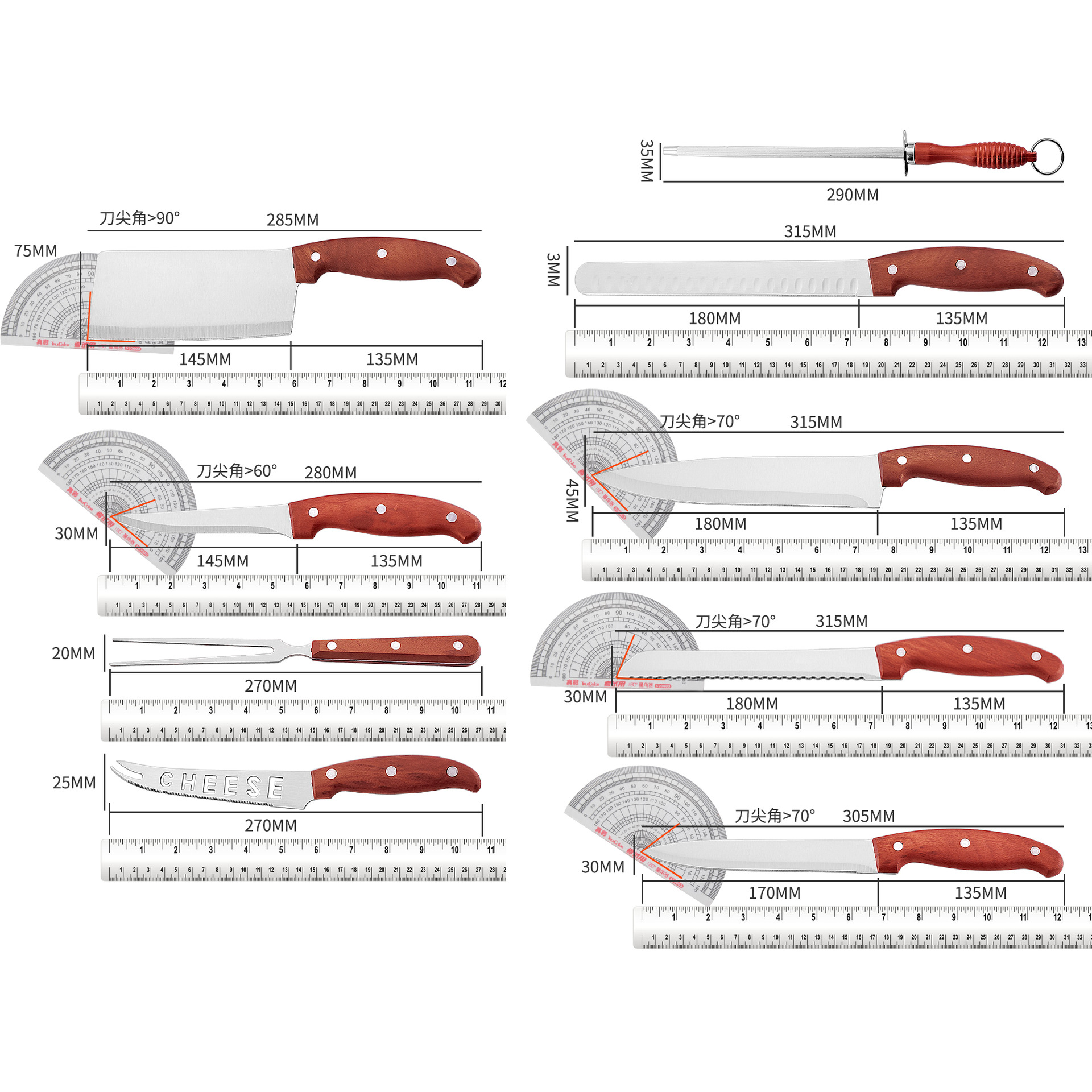 Juego de cuchillos de cocina 9 piezas – acero inoxidable para hogar, barbacoa o restaurante