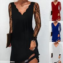 2023新款跨境春季都市气质通勤女款波浪V领蕾丝长袖镂空雪纺长裙