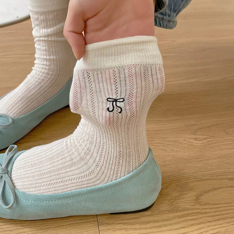Motile Bowknot Stacked Socks Cotton Thin Korean Style Instagram Style Trendy Summer Mid-Socks All-Match Ballet Style Socks