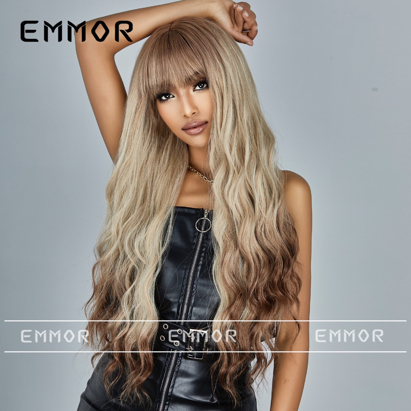 Internet Celebrant Fashion European and American Style Qi Bangs Big Wave Gradient Golden Long Curly Hair Natural Fluffy Wig Full Head Cover