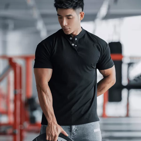 Summer Isn Breathable Quick-Drying Henley Collar Sports Fitness Short-Sleeved Slim Fit Lapel Polo Shirt Men's T-Shirt