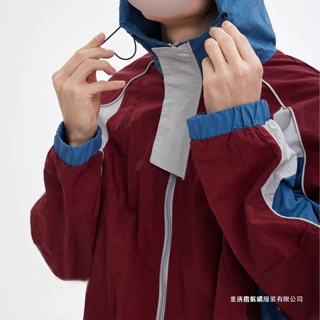 日系户外复古风连帽外套小众春秋款男款夹克拼色新款外穿上衣红色