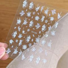 雪草の葉ネイルステッカー3D粘着付きステッカー手描き白花ネイルステッカー装飾品卸売ins風