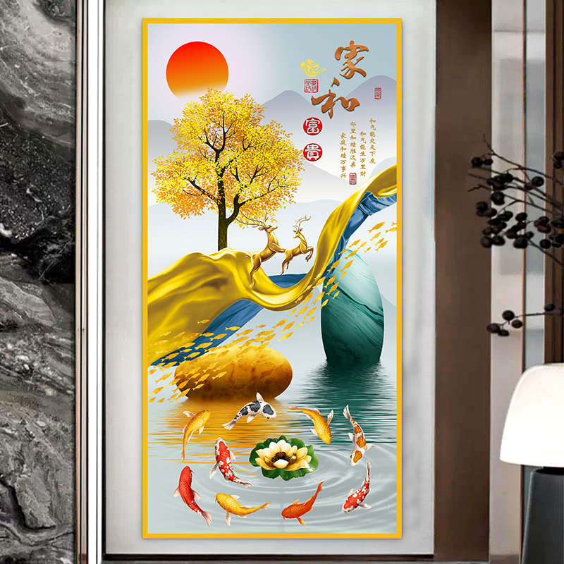 Pintura de entrada de pintura tradicional china Pintura de decoración del pasillo frente a la puerta Pasillo de nueve peces Pintura colgante de fondo de lujo ligero Pintura mural