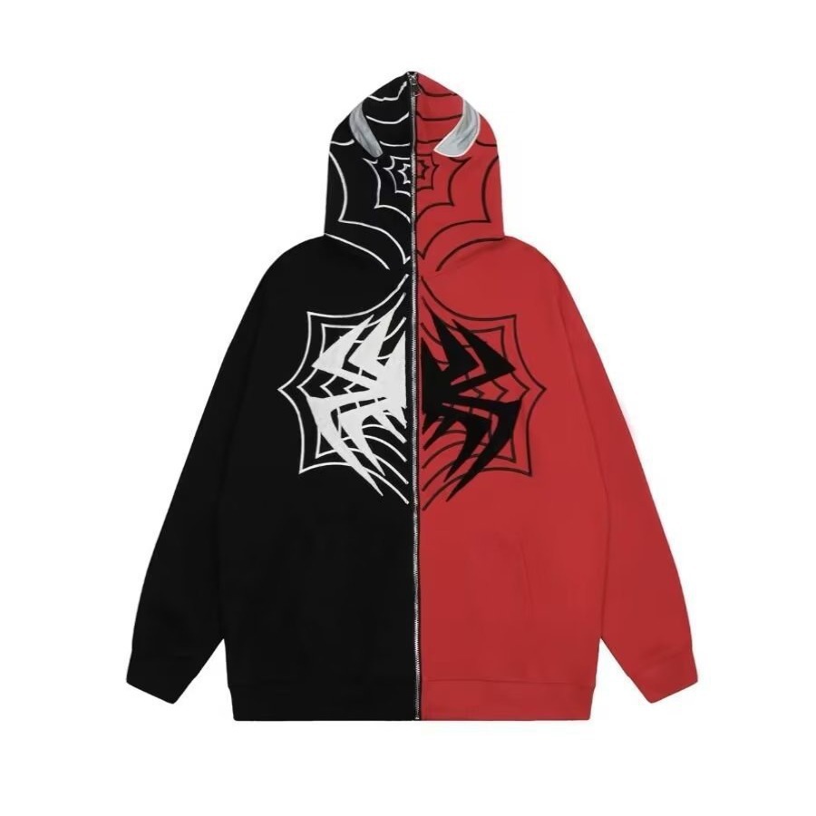 Trendy contrasterend Spider-Man-cartoonvest met rits voor heren en dames, losvallend model._voghion.com