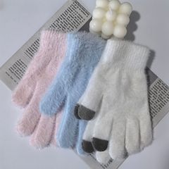 韩版成人女手套秋 冬季毛绒针织可爱学生 毛线加热仿貂绒分指保暖