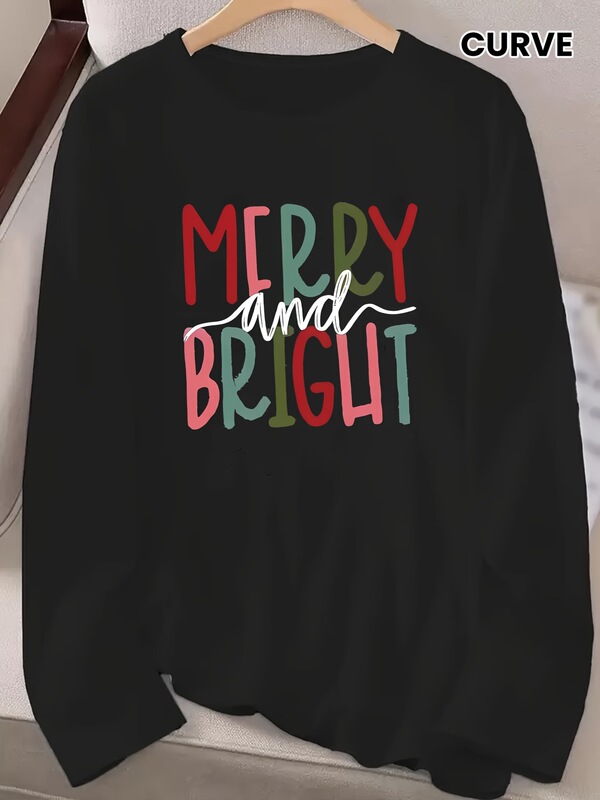 Plus Size Women's Christmas'Joyful Bright' Long Sleeve T-Shirt - Casual Crew Neck Festive Top with Colorful Letters Plus Size Women's Christmas'Joyful Bright' Long Sleeve T-Shirt - Casual Crew Neck Festive Top with Colorful Letters