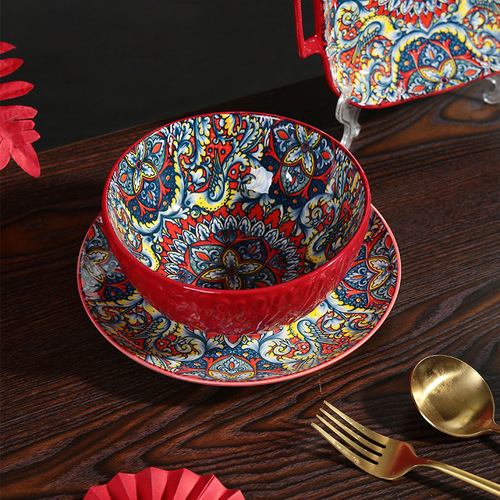 Selected Bohemian-style deep red ceramic tableware, exotic underglaze painted plate with handle, rice bowl, tree pattern soup bowl