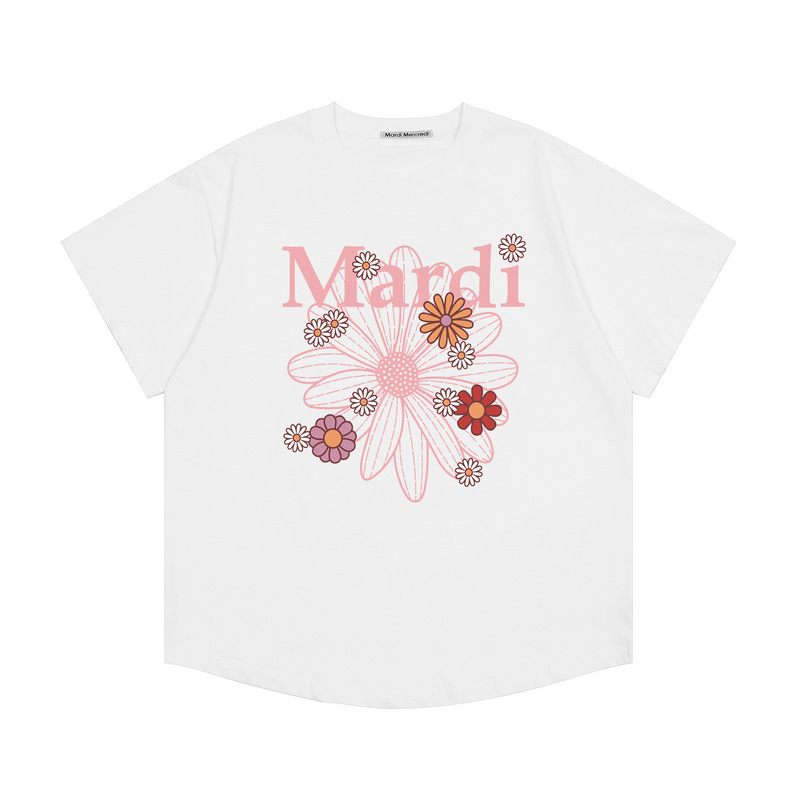 韓国マルディトレンディな半袖フラワープリントゴールドハイシルバー夏ラウンドネック純綿ルーズTシャツトップトレンディ|undefined