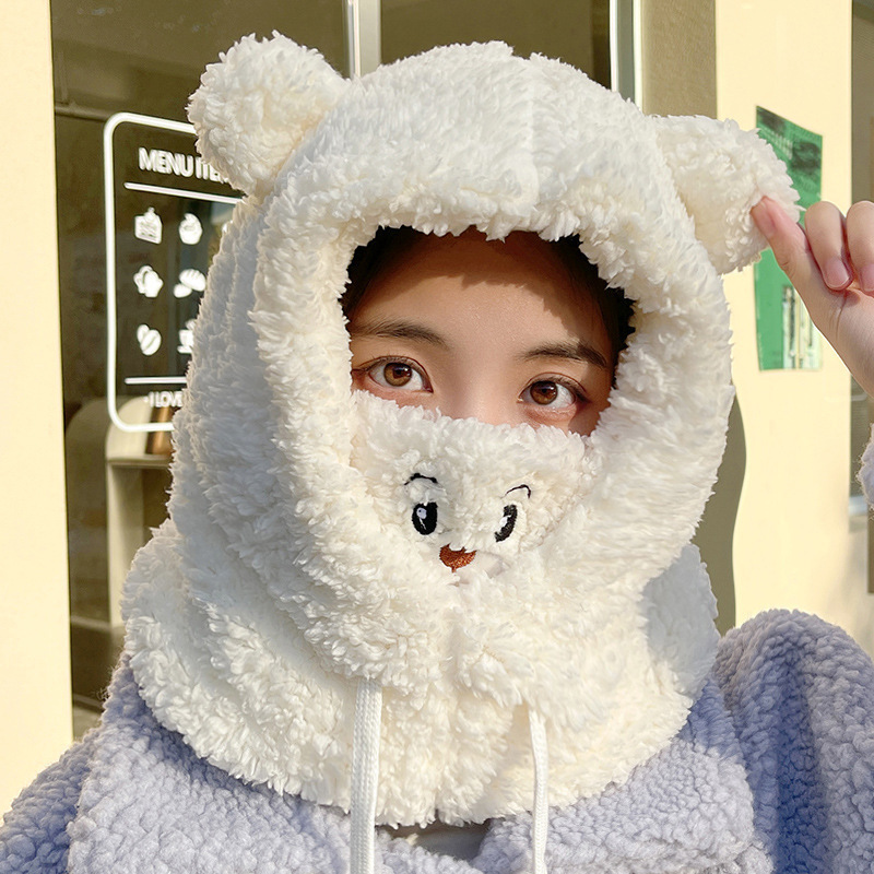 可爱小熊帽子围巾一体女冬季骑车保暖护耳毛绒加厚带口罩围脖连帽|undefined
