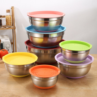 Factory wholesale stainless steel egg basin thickened with lid non-slip color silicone bottom with scale baking salad bowl