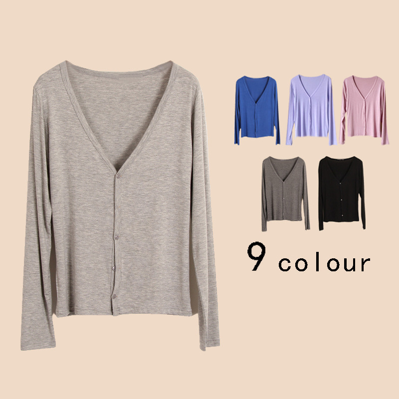 Maillard Brown series Lanjing modal slimming versatile V-neck long sleeve buckle cardigan thin women's coat top