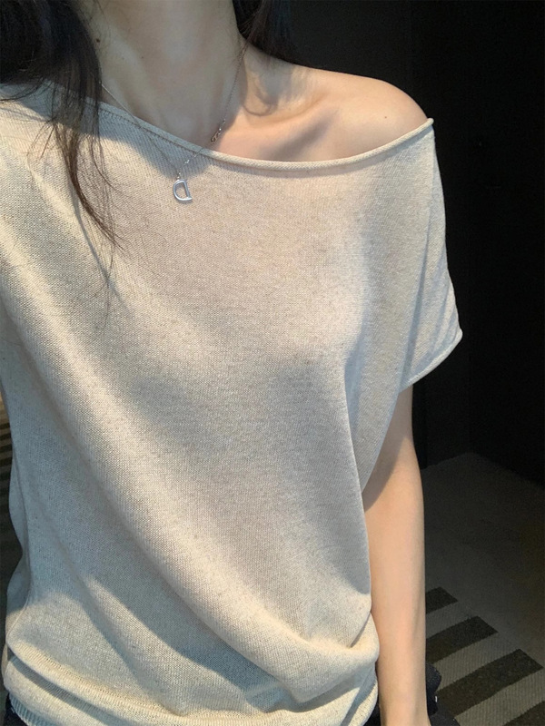 ワンピースツーウェア半袖Tシャツレディース夏オフショルダーロールエッジ斜め肩ニットトップ|undefined