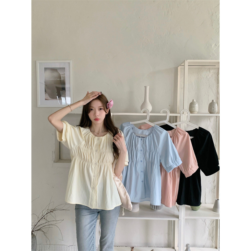 plus size Short-sleeved Shirt Summer Round Neck Shoulder Light-colored Puff Sleeve chubby girl Belly-covering Slimming Top for Women