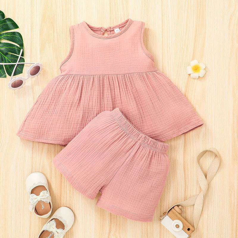 Mode einfarbige Shorts zweiteilige Kinderkleidung Freizeitweste rosa Anzugpicture2