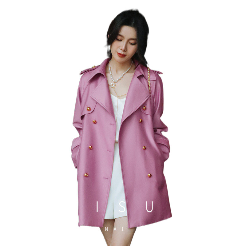 봄과 가을 새로운 스타일 셀러브리티 기질 하이엔드 핑크 라이트 럭셔리 품질 미디엄 및 롱 더블 브레스트 레이스업 트렌치 코트 여성용
