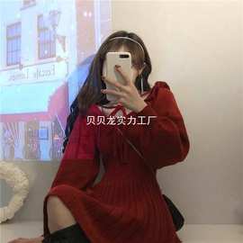 学生ins韩版美女茶话会~红色针织连衣裙女收腰显瘦修身方领A字裙
