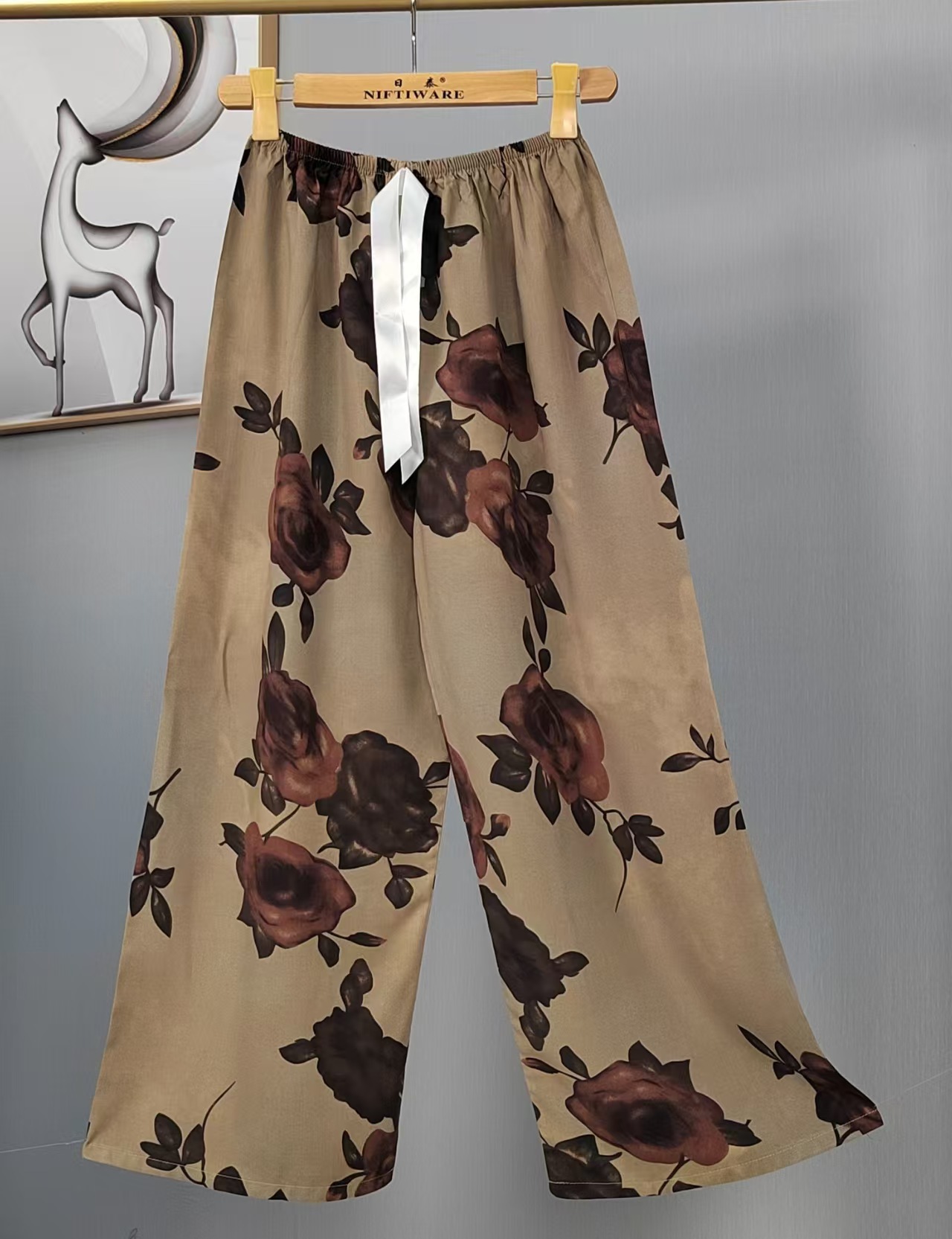 Pijama de seda de algodón para mujer, pantalones anchos de mujer embarazada de seda de algodón con estampado fino de verano