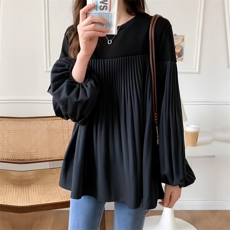 2025 ホットな新作日本の春服女性のプリーツゴムランタンスリーブカラーブロック長袖 Tシャツトップス 3 色|undefined